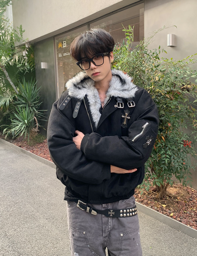 クロスバッジ ネックベルト フリースファージャケット