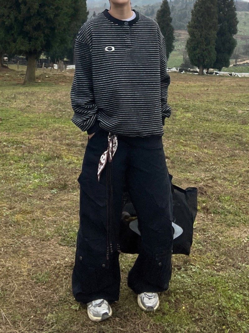 ワンポイント ヘンリーネックストライプ スウェット