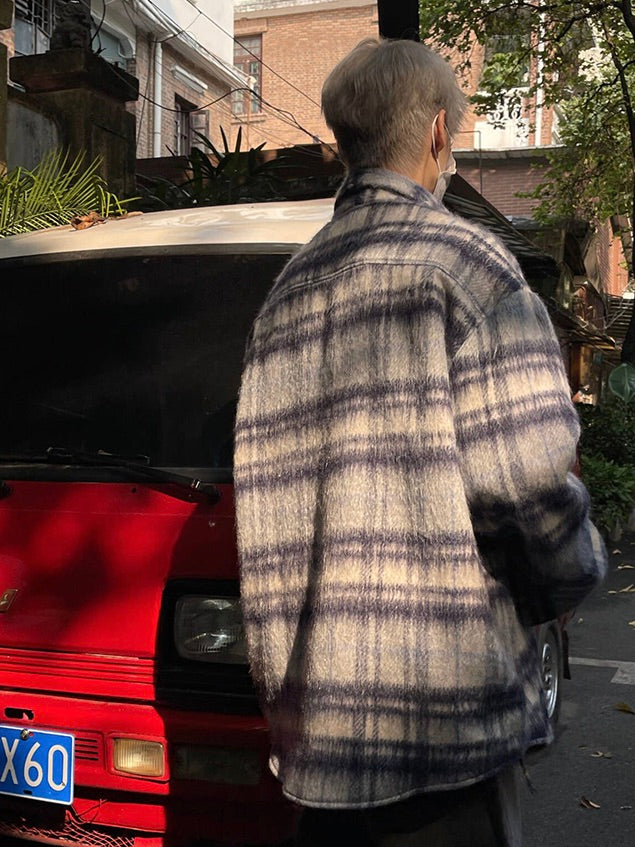 レトロチェック柄 ウールロングシャツ