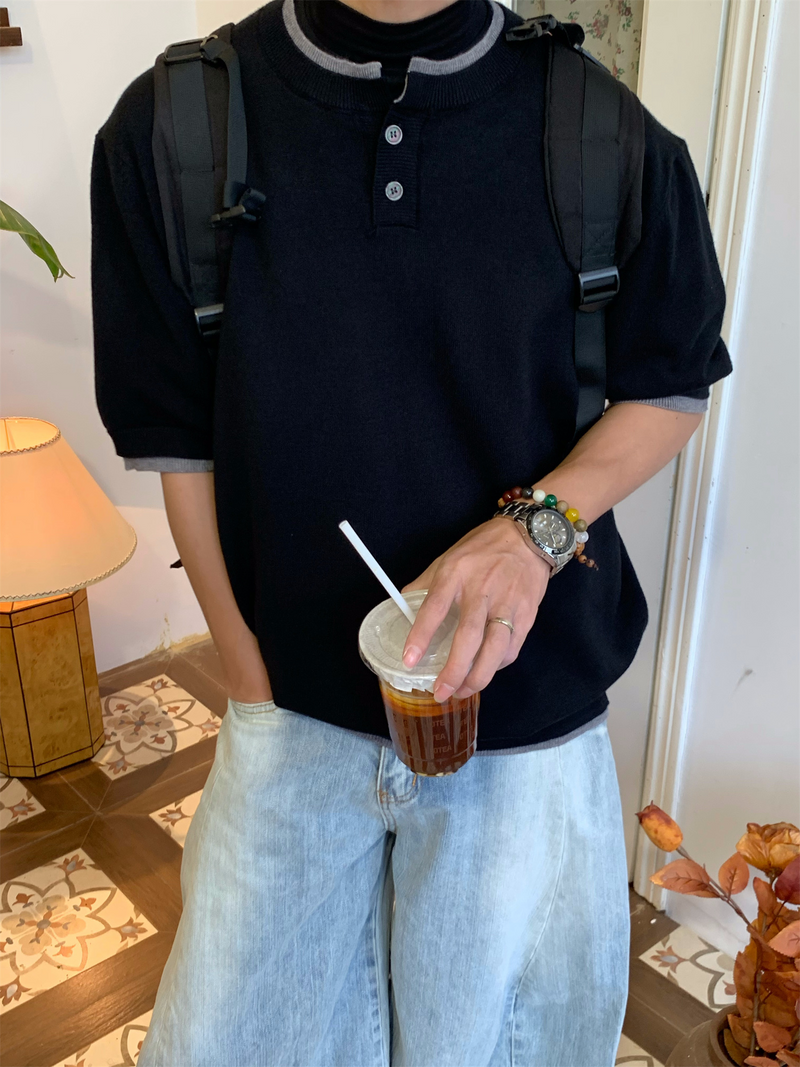 フェイクレイヤード ヘンリーネックTシャツ