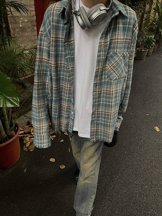 レトロ ブルーチェック柄 ロングシャツ