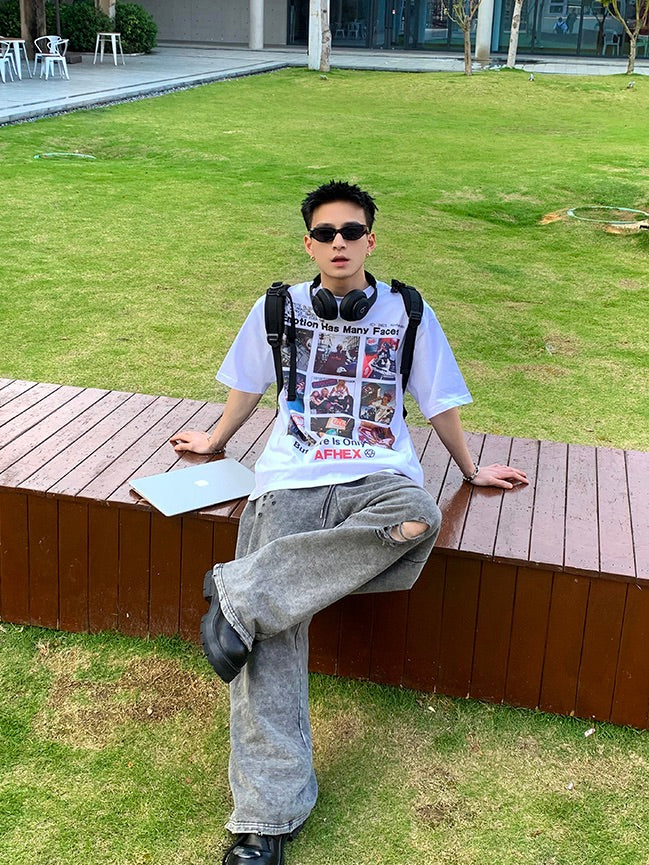 クリエイティブ グリッドプリント Tシャツ