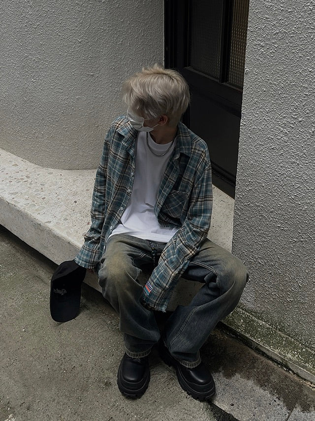レトロ ブルーチェック柄 ロングシャツ