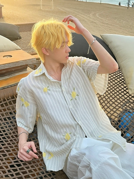 シーサイド デイジー刺繍 ストライプシャツ