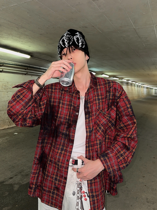 タイダイ タータンチェック柄 コットンロングシャツ