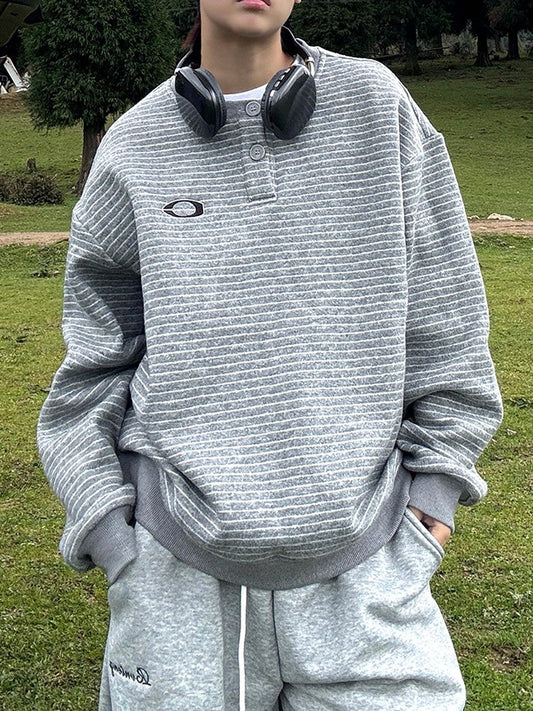 ワンポイント ヘンリーネックストライプ スウェット