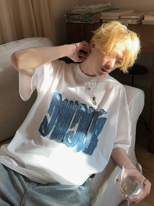刺繍デニムパッチロゴ Tシャツ