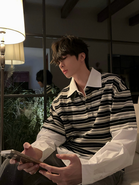 シャツ付き レイヤード ストライプポロシャツ