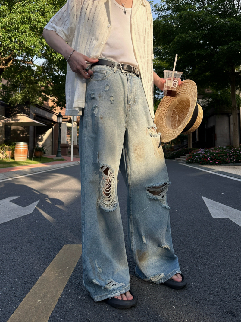 レトロ リップドダメージ ワイドジーンズ