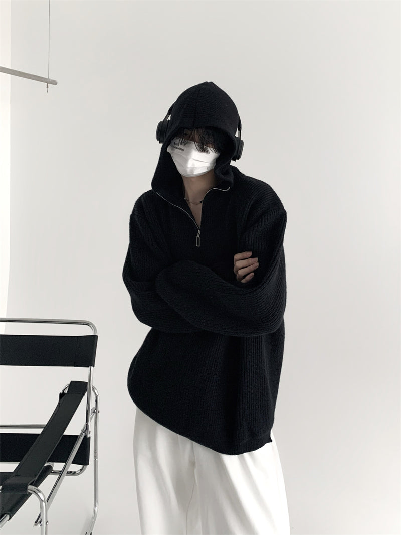 ハーフジップ フード付きニットセーター