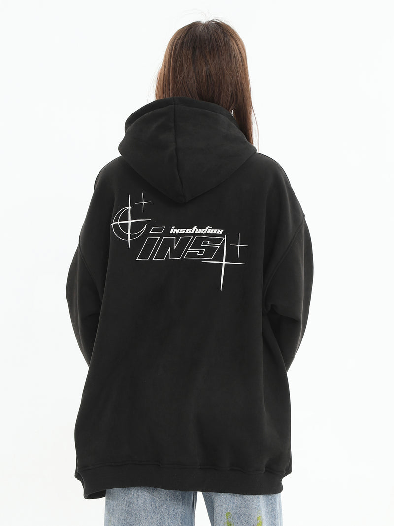 ロゴ刺繍 スエードスウェット ジッパーフーディー