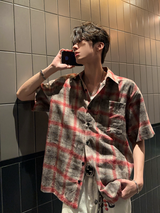 レトロ タイダイダメージ加工 チェック柄シャツ