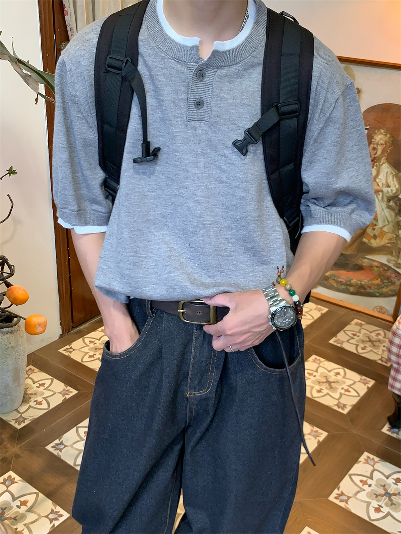 フェイクレイヤード ヘンリーネックTシャツ