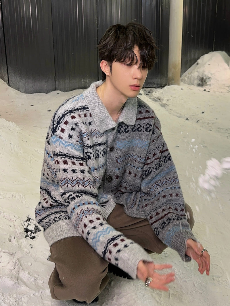 フェアアイル柄 コントラスト ニットカーディガン