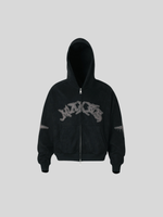 ダメージパッチ刺繍 短丈ダブルジップパーカー