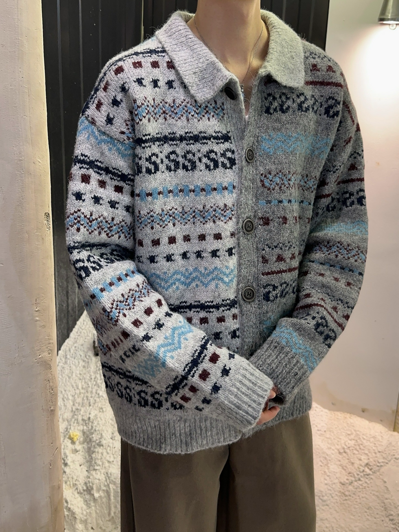 フェアアイル柄 コントラスト ニットカーディガン