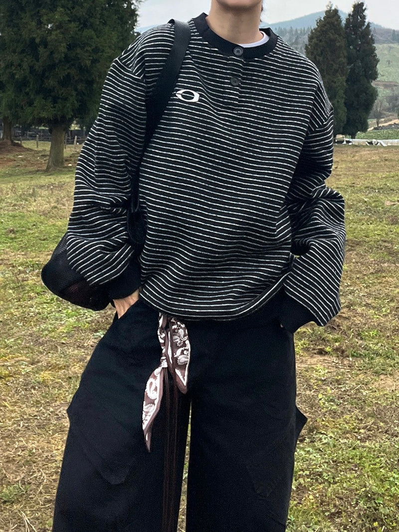 ワンポイント ヘンリーネックストライプ スウェット