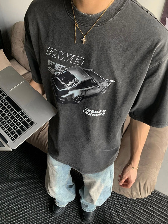 バックレタリング レーシングプリントTシャツ