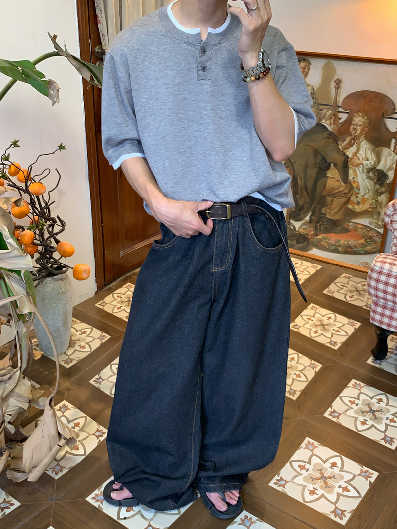 フェイクレイヤード ヘンリーネックTシャツ