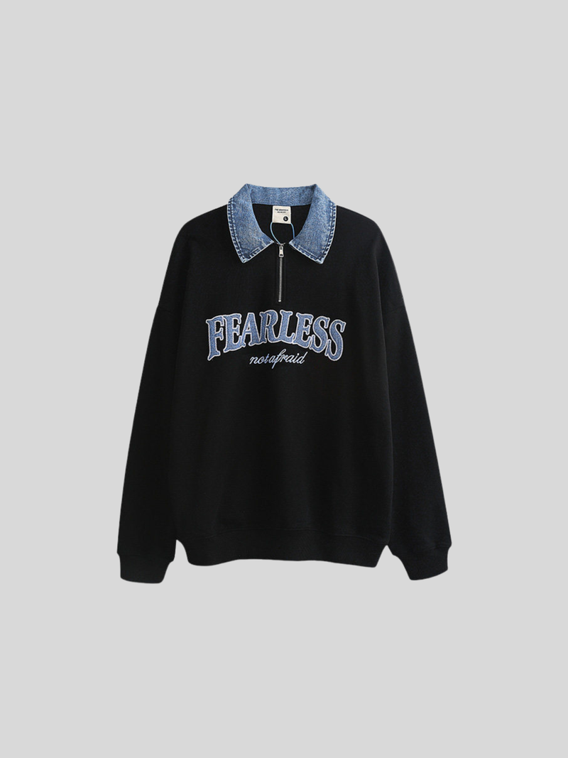 レトロ デニムパッチ ハーフジップ ロングポロシャツ