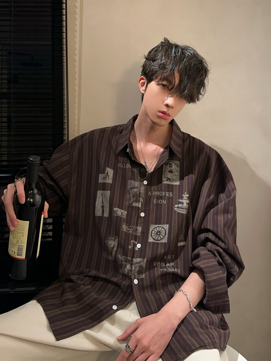 レトロプリント カジュアルストライプシャツ