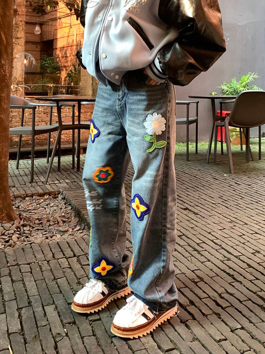 フラワー刺繍パッチ ストレート ジーンズ