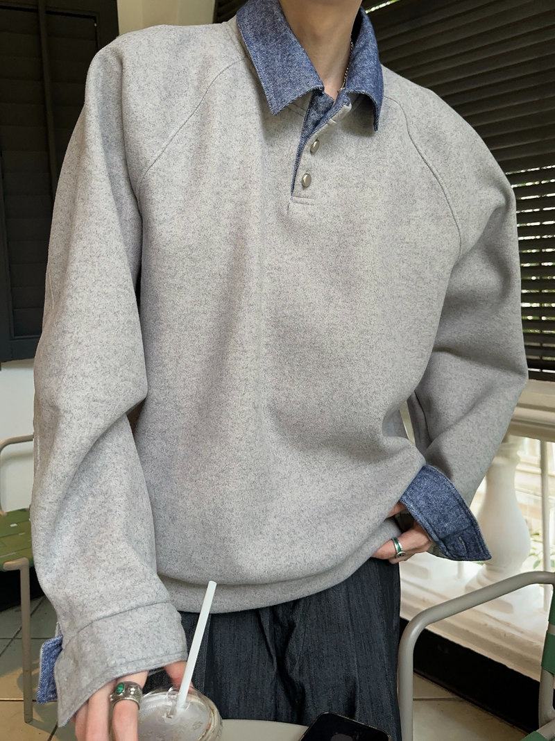 デニムレイヤード スウェットポロトレーナー