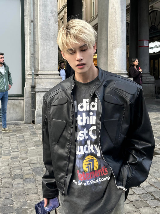 ストラクチュアル ノーカラーPUレザージャケット