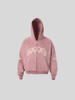 ダメージパッチ刺繍 短丈ダブルジップパーカー