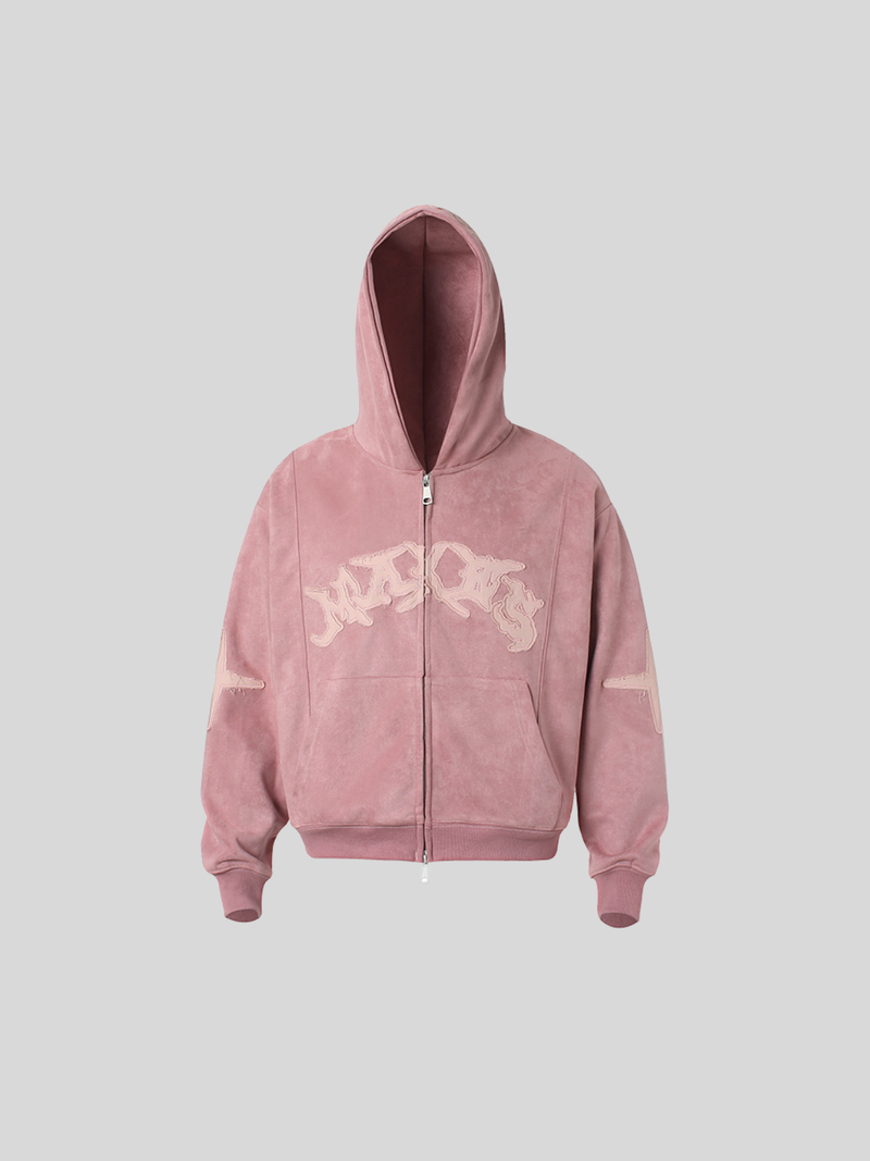 ダメージパッチ刺繍 短丈ダブルジップパーカー