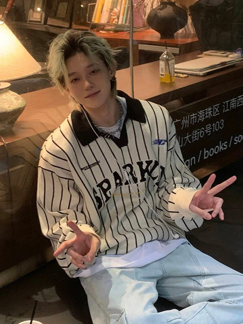 ストライプ レタープリント ゲームニットセーター