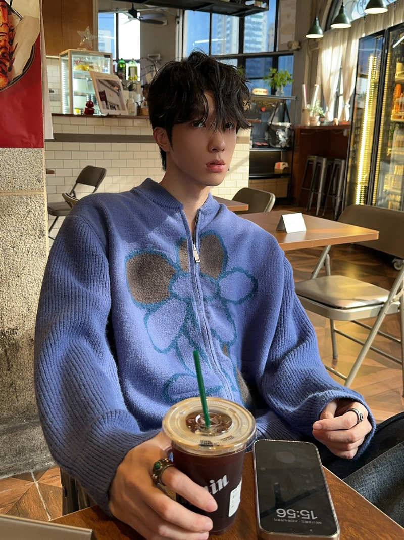 花柄 ニットジップカーディガン