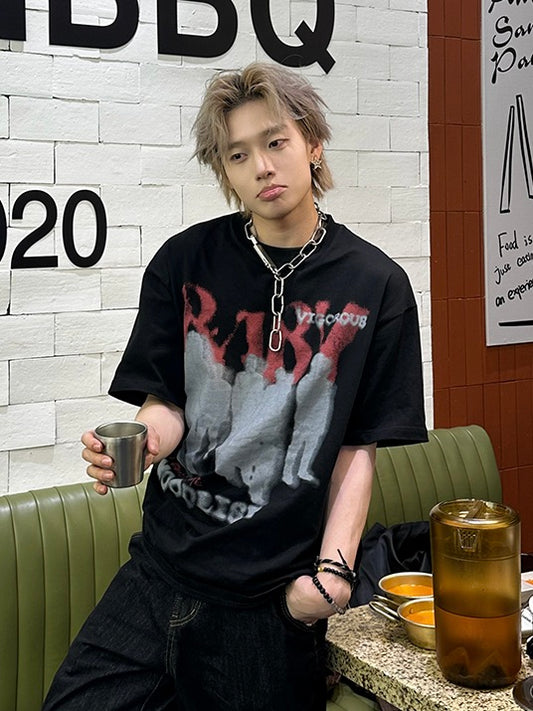 レトロ ロックスタイル レタープリントTシャツ