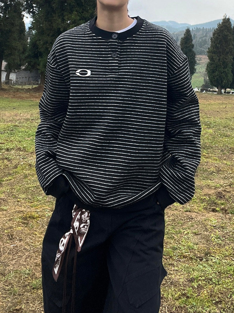 ワンポイント ヘンリーネックストライプ スウェット