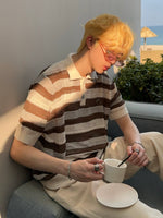 レトロ ストライプ メッシュニットポロシャツ