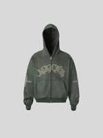 ダメージパッチ刺繍 短丈ダブルジップパーカー