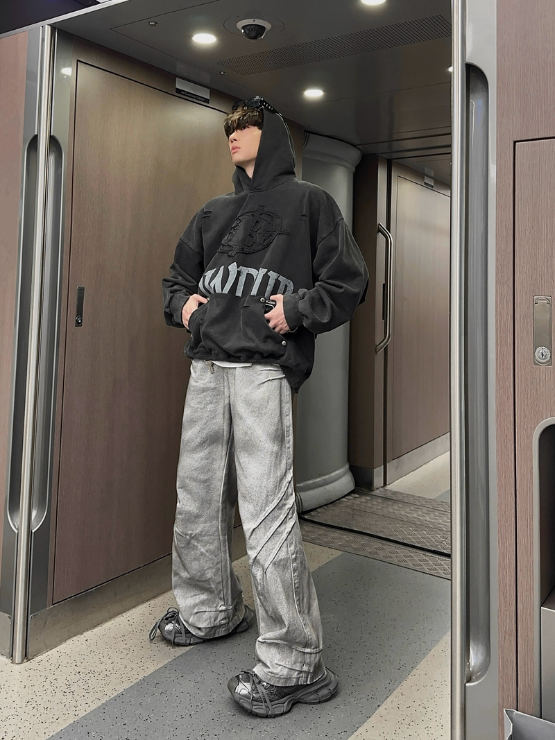 レトロ 刺繍パッチ ウォッシュプリントパーカー