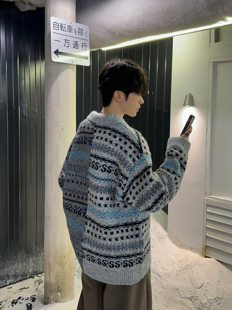 フェアアイル柄 コントラスト ニットカーディガン
