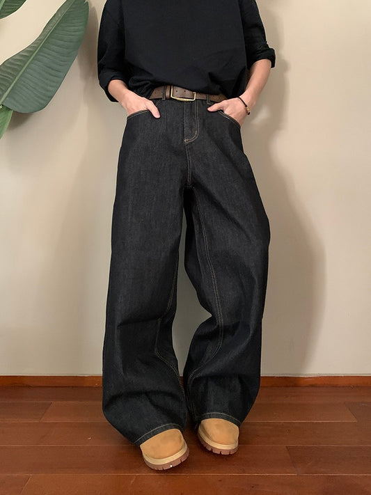 ダークブルー ワイドストレート デニムパンツ