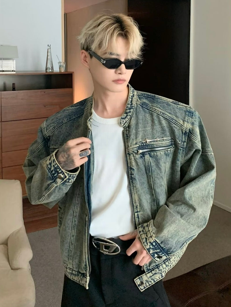 レトロウォッシュ ノーカラーデニムジャケット