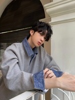 デニムレイヤード スウェットポロトレーナー