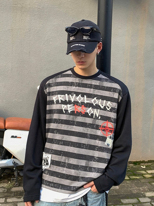 ストライプ レタリングプリント ロングTシャツ