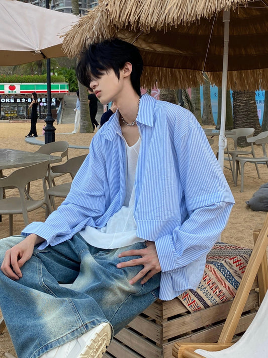 2WAY ジッパーポケット ブルーストライプシャツ