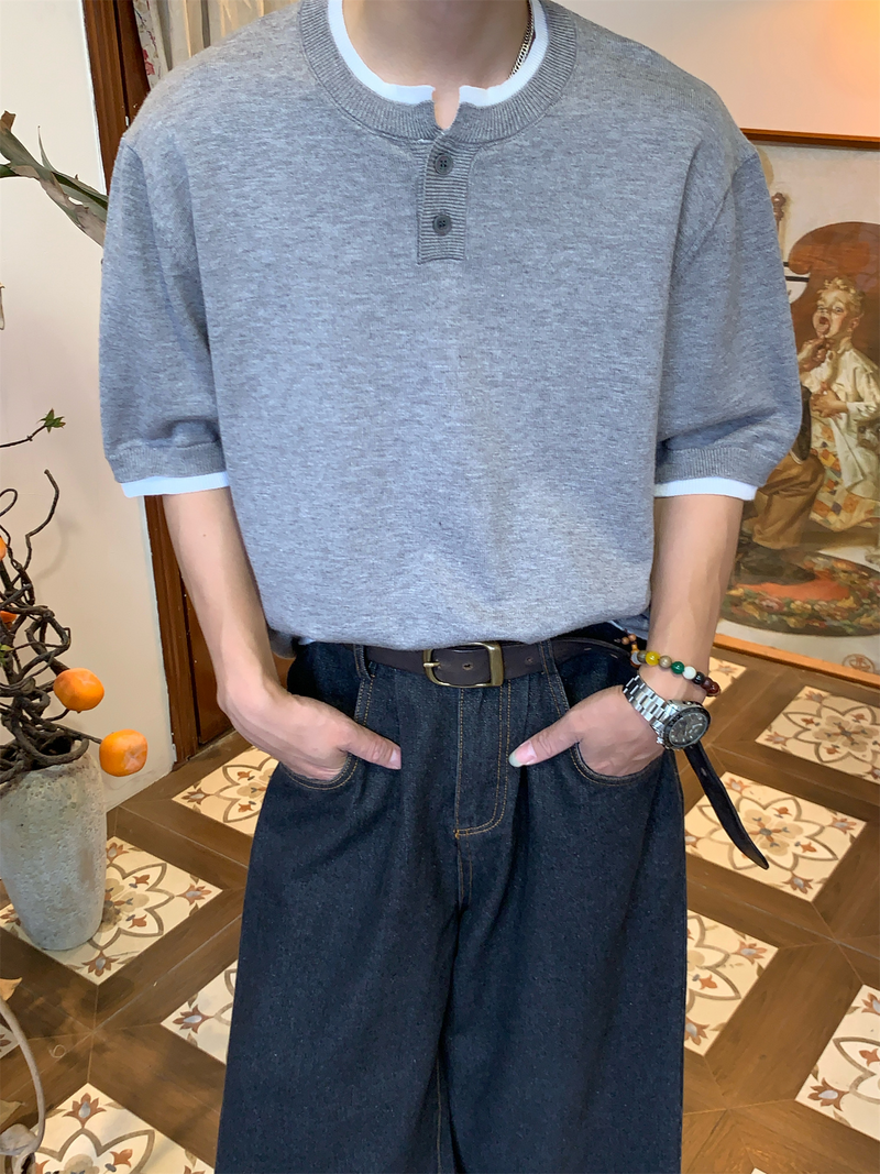 フェイクレイヤード ヘンリーネックTシャツ