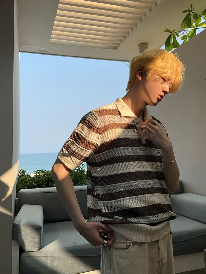 レトロ ストライプ メッシュニットポロシャツ