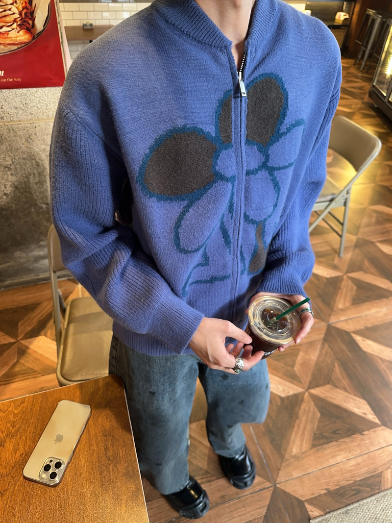 花柄 ニットジップカーディガン