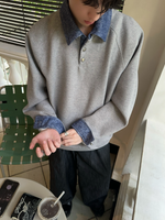 デニムレイヤード スウェットポロトレーナー