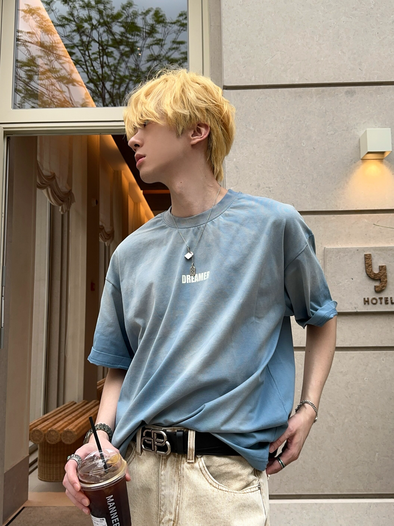 グレイシャーブルー レタープリントTシャツ