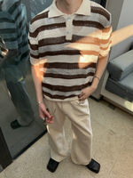 レトロ ストライプ メッシュニットポロシャツ