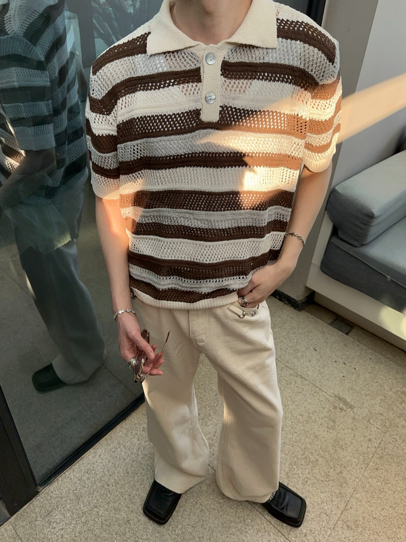 レトロ ストライプ メッシュニットポロシャツ